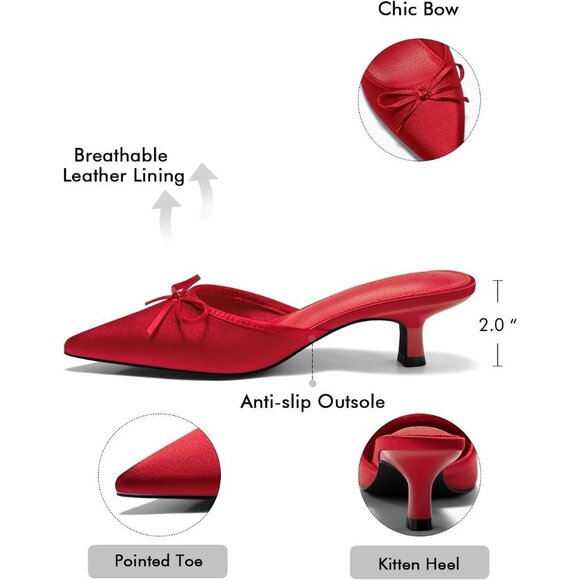 🆕 Womens Red Satin Kitten Heel Mules Bow Slip-On Pointed Toe Dress Pumps - Picture 5 of 6